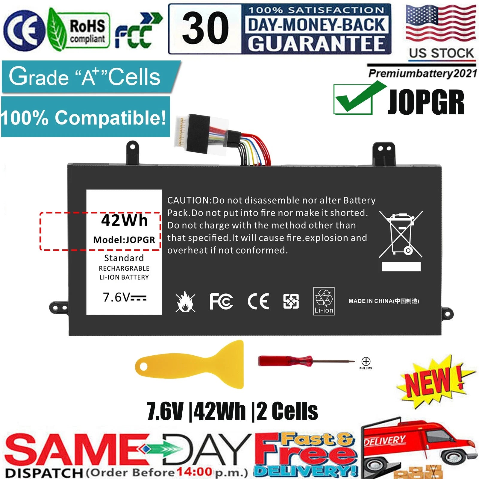?J0PGR 1WND8 Battery For Dell Latitude 5285 5290 2-in-1 T17G T17G001 JOPGR RDYCT