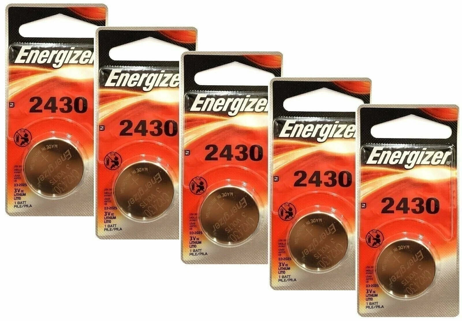 5 Energizer 2430 ECR2430 CR2430 Lithium 3-Volt Coin Cell Batteries