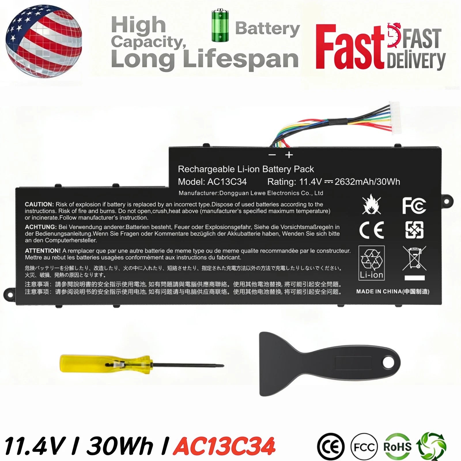 AC13C34 Battery For Acer Aspire E3-112-C53T E3-111-C4U8 V-11 E-11 V5-122P 30wh
