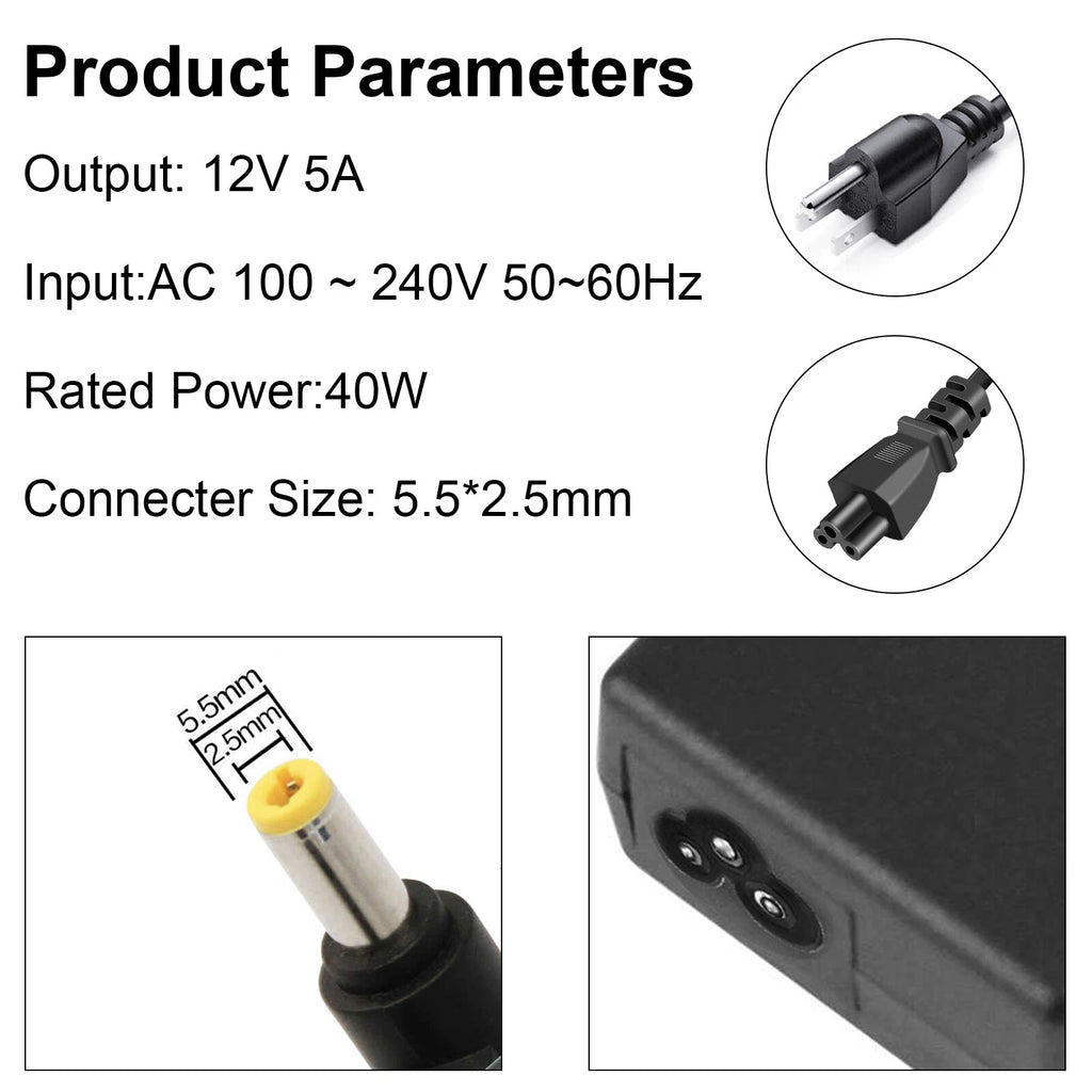 12V 5A AC DC Power Supply 5 Amp 12 Volt Adapter Charger LCD Screen 5.5*2.5mm B