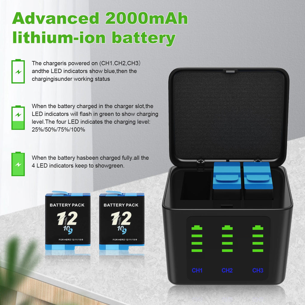 2 Pack Hero 11 Battery & 3-Channel Charger Station for Gopro Hero 11/10/9 Black