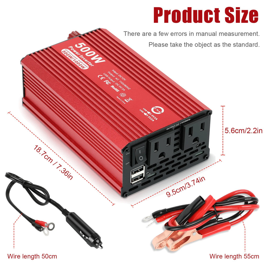 500W 1000W Auto Car Power Inverter DC 12V to AC 110V Plug Truck RV Car Converter