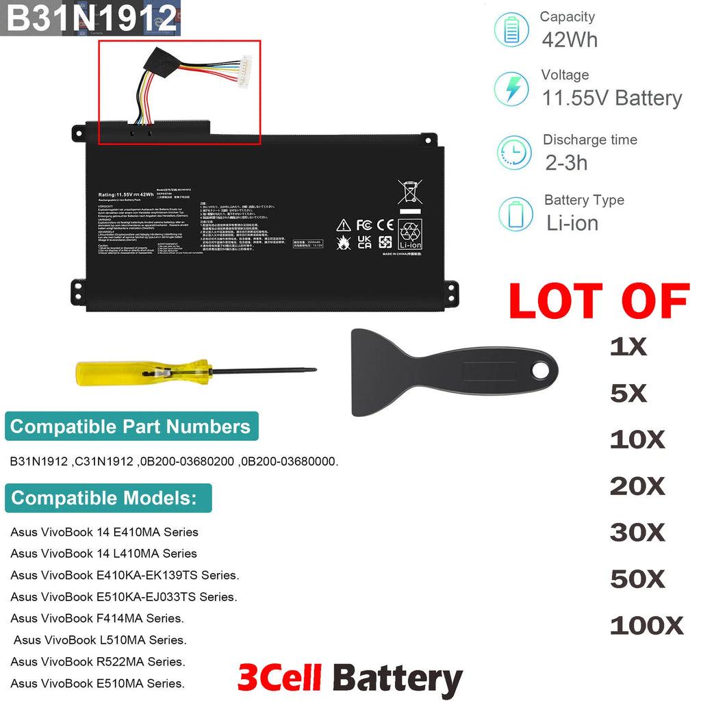 ??LOT 100X B31N1912 Battery for ASUS VivoBook 14 E410M E410MA E510MA L410MA 42WH