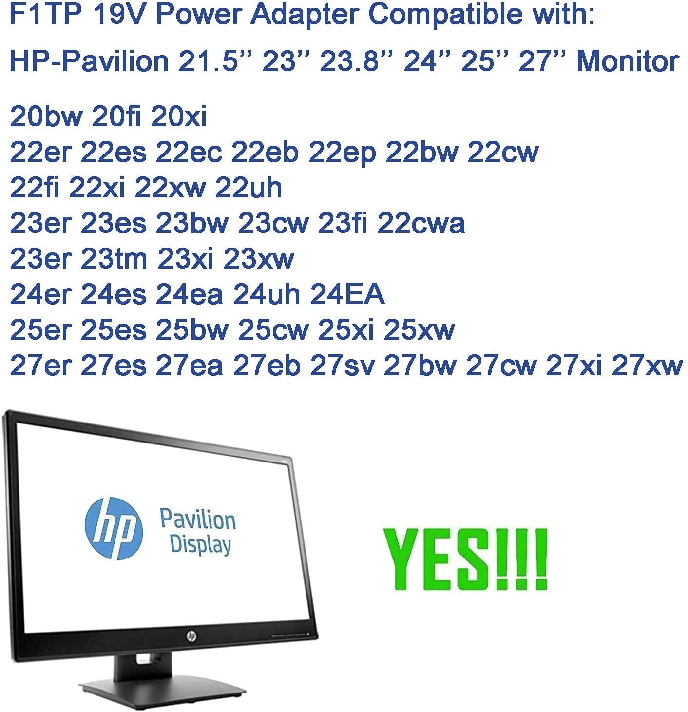Monitor Charger Power Cord for HP Pavilion 20 21.5 23 23.8 25 27 Inch Adapter