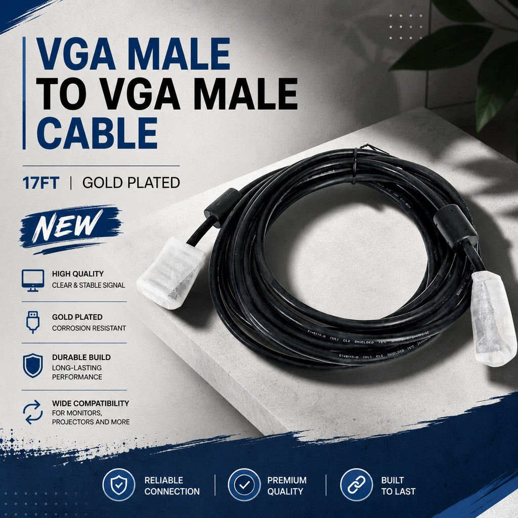 New Brand VGA Male Extension Cable 17Ft For PC TV Monitor Projector Golden 15pin