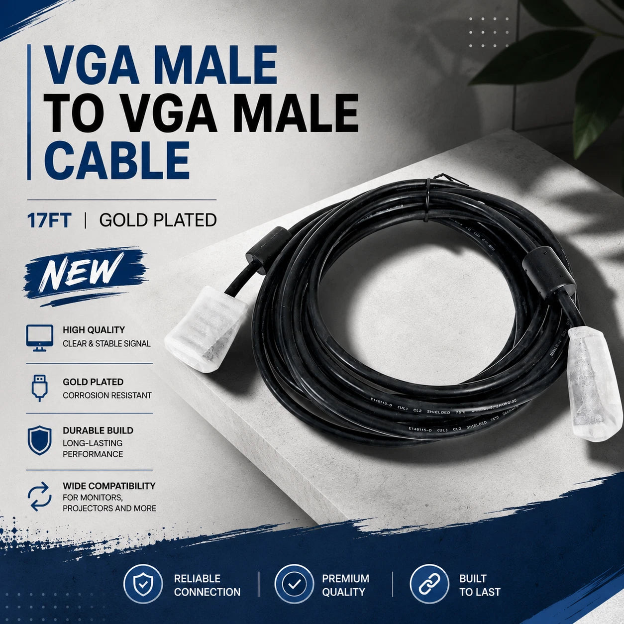 New Brand VGA Male Extension Cable 17Ft For PC TV Monitor Projector Golden 15pin