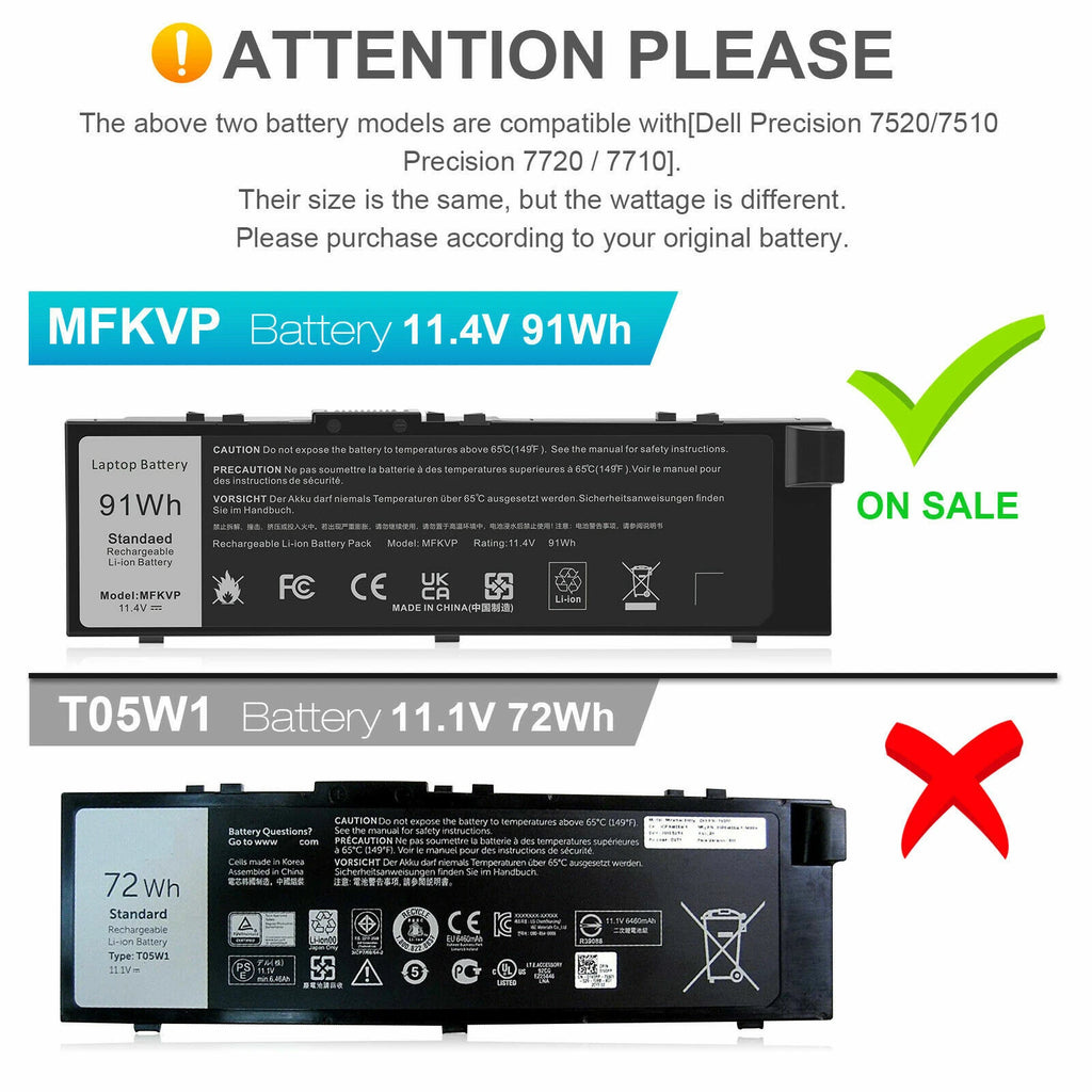 91Wh Battery MFKVP For Dell Precision 15 7510 7520 17 7710 7720 M7510 M7710