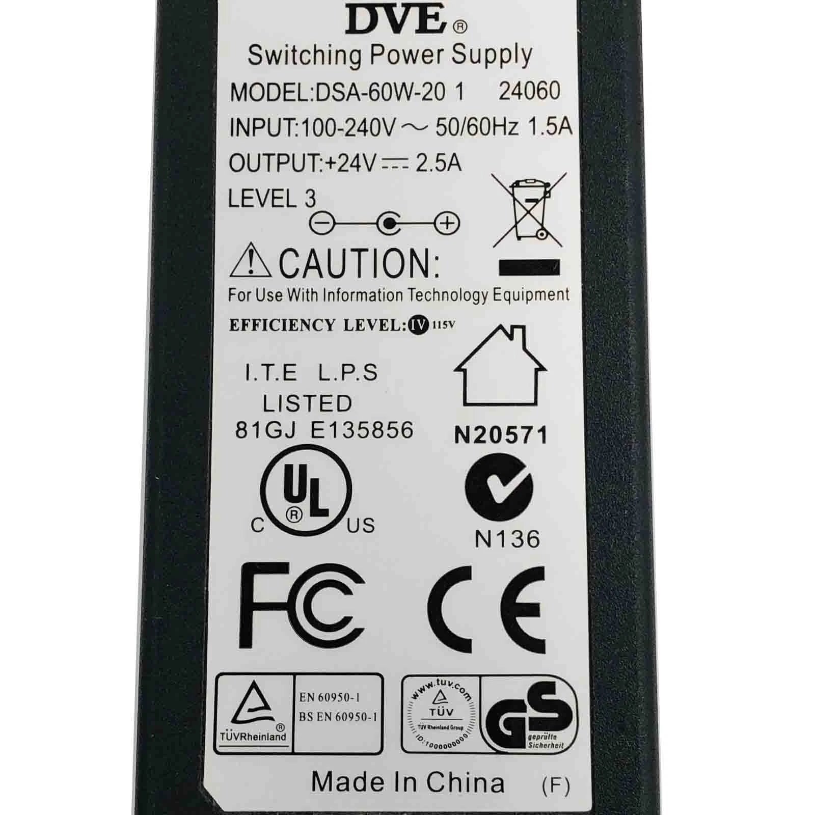 NEW Genuine 60W DVE MagTek Power Supply Adapter 24V 2.5A DSA-60W-20 1 24060 OEM