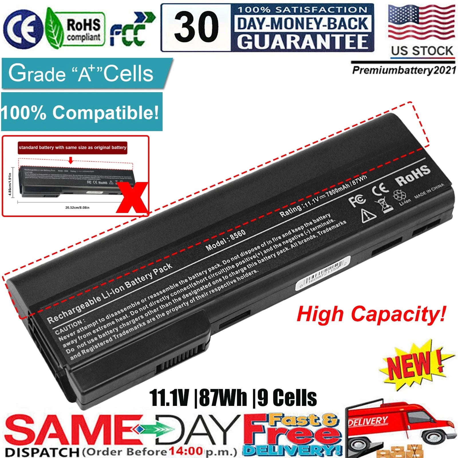 for HP Elitebook 8460p 8470p 8460w Laptop Battery CC06 CC09 628670-001 QK643AA