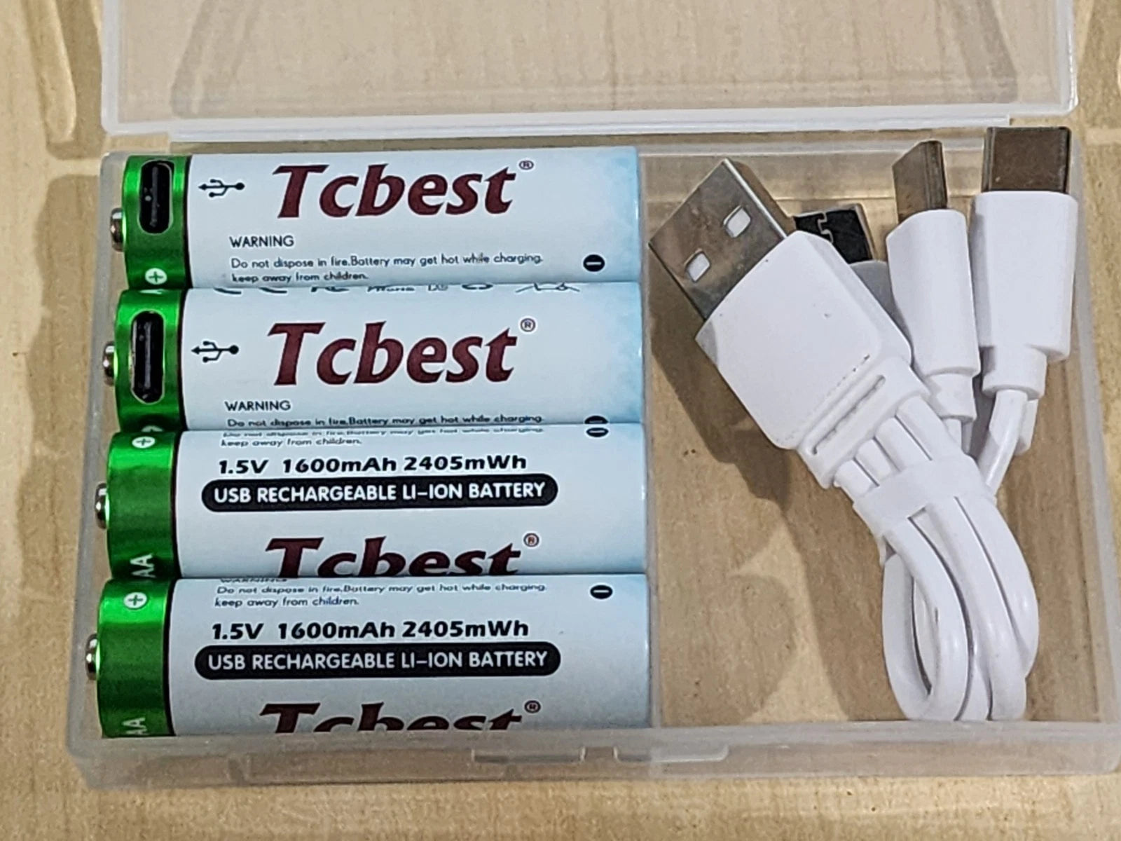 4 x AA Tcbest RECHARGEABLE Li-ion BATTERY USB-C CORD /CASE INCLUDED 2405mWh 1.5v