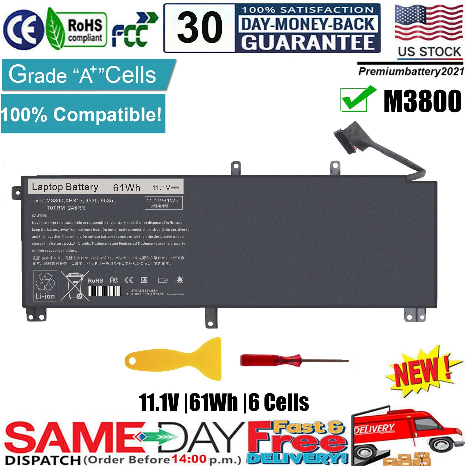 61Wh Laptop Battery For Dell XPS 15 9530 Precision M3800 T0TRM TOTRM H76MV 7D1WJ
