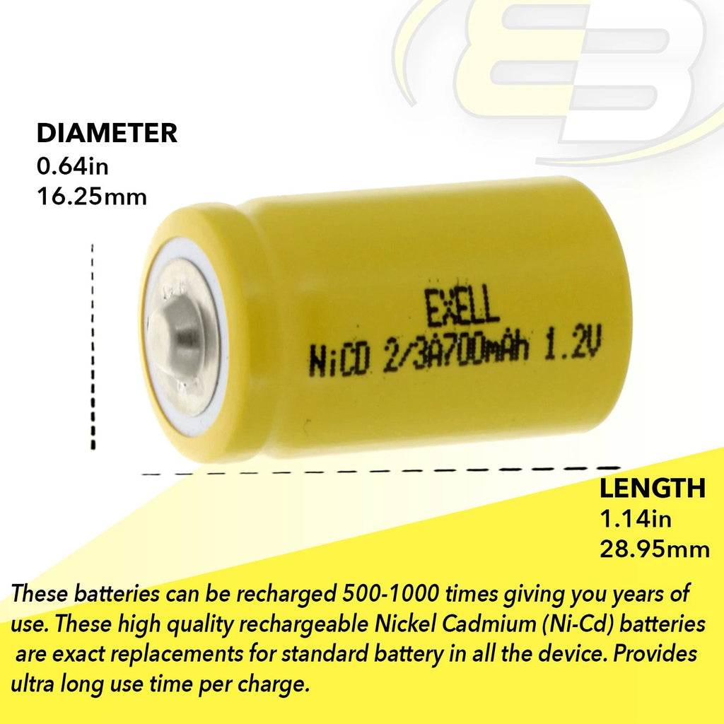 2x Exell 2/3A Size 1.2V 700mAh NiCD Button Top Rechargeable Batteries USA SHIP