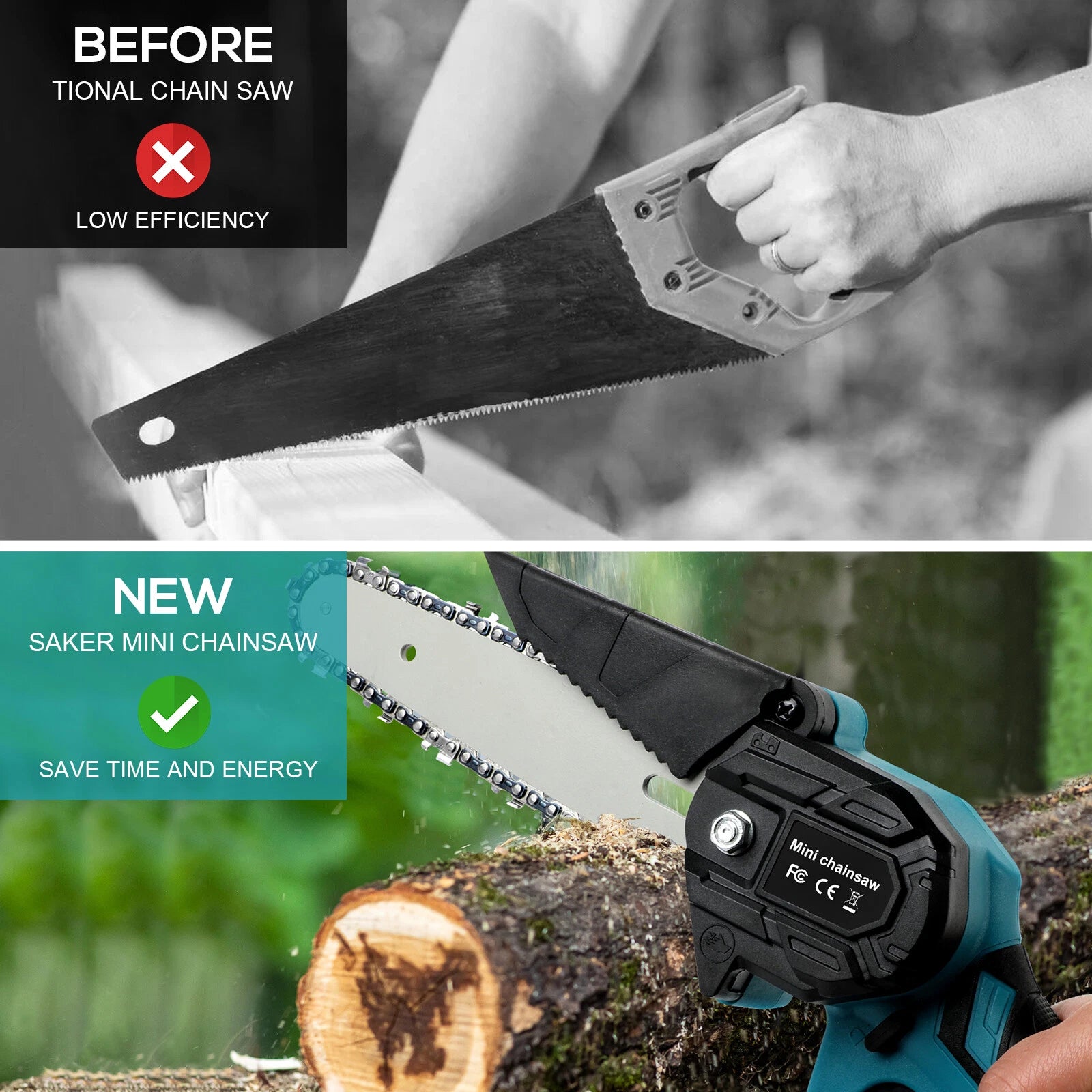 6'' Electric Cordless Chain Saw Small Mini Handheld Chainsaw 2 Battery Powered