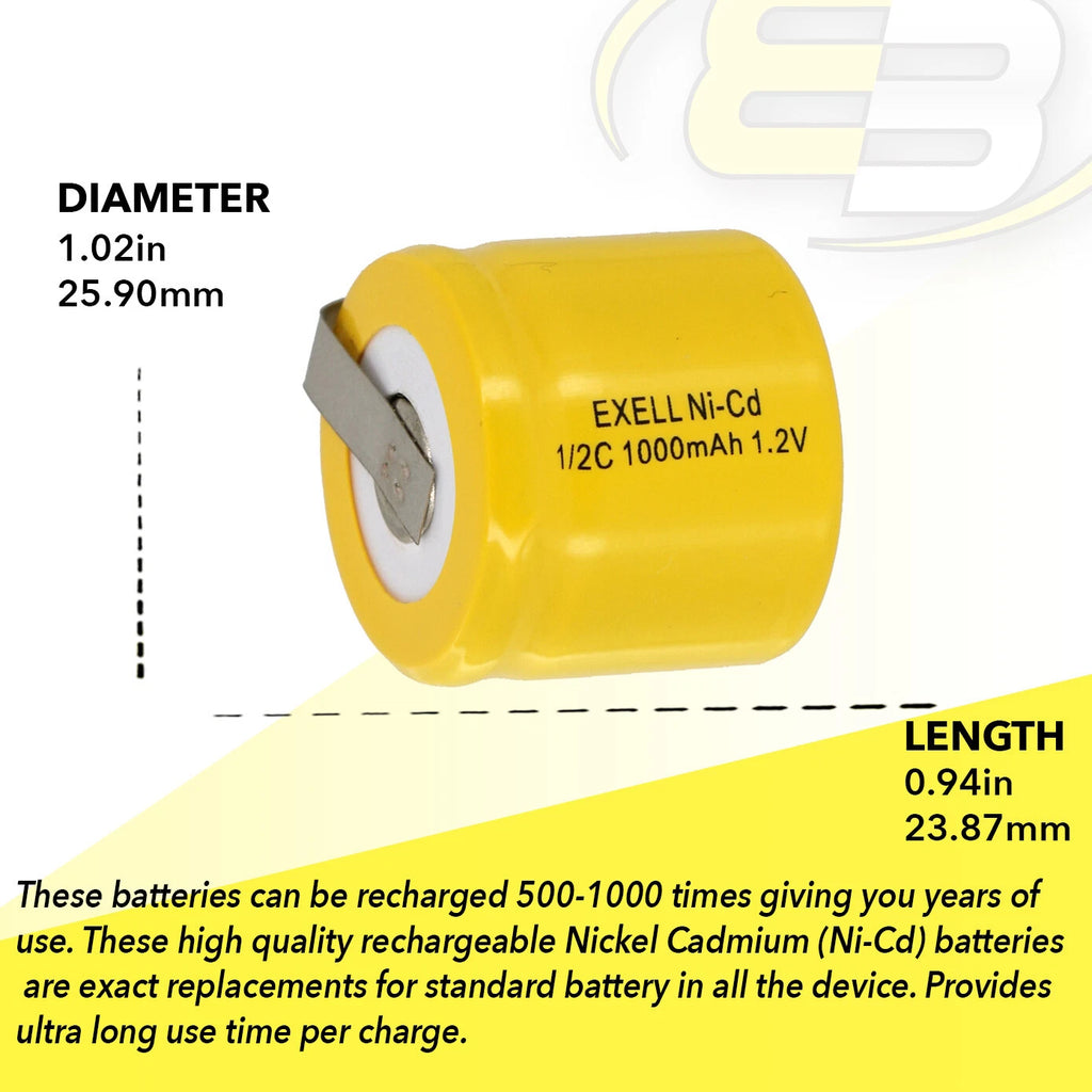 Exell 1/2C NiCD 1000mAh 1.2V Flat top Rechargeable Battery with Tabs?