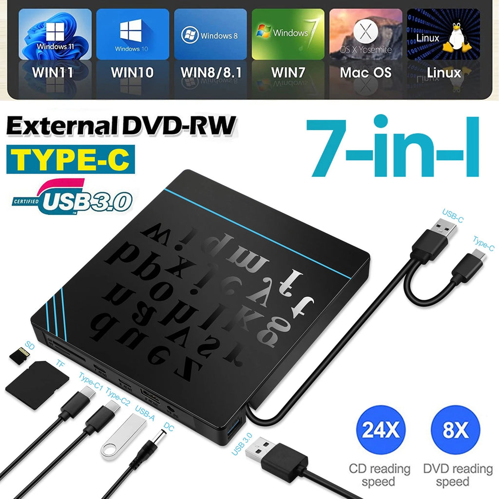 External DVD CD Drive USB 3.0 Type-C Player for PC Laptop Apple Macbook Linux OS