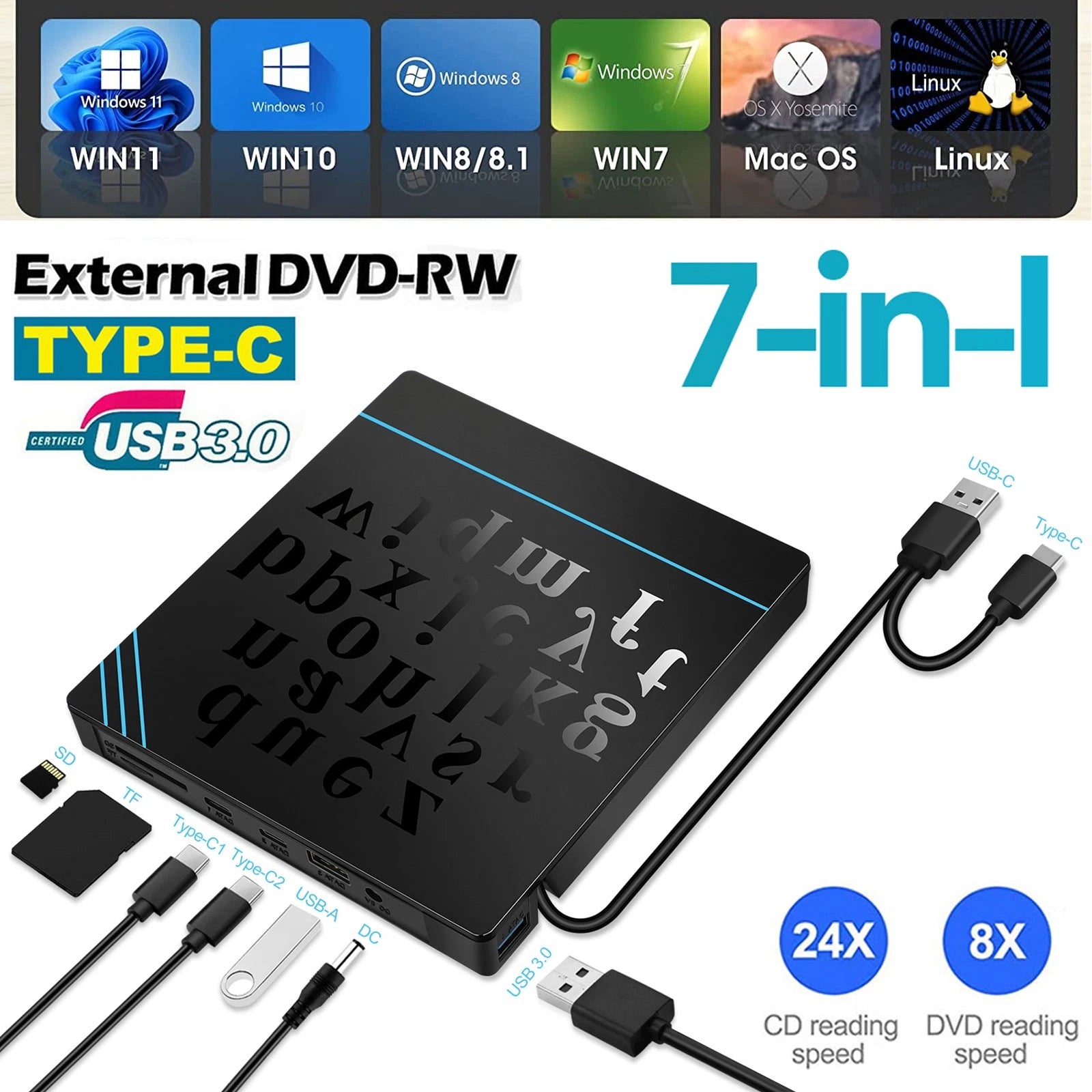 External DVD CD Drive USB 3.0 Type-C Player for PC Laptop Apple Macbook Linux OS