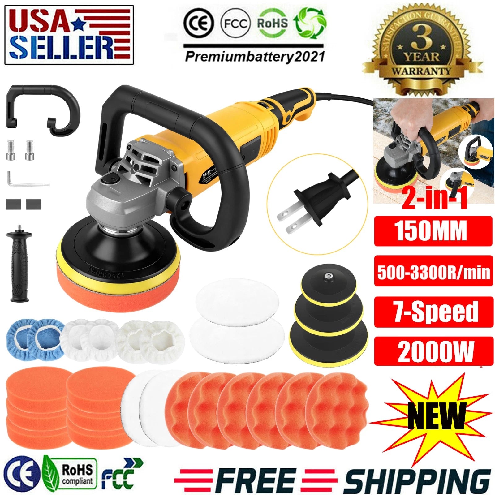 ?7 Speed Car Buffer Polisher Waxer Rotary 5"+ 6" Backing Plate Polishing Machine