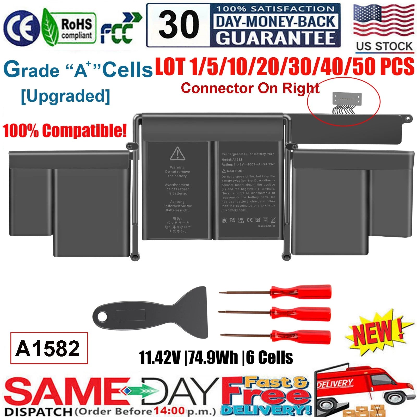?LOT 1-50 A1582 A1502 Battery for MacBook Pro 13'' Early 2015 Mid 2014 Late 2013