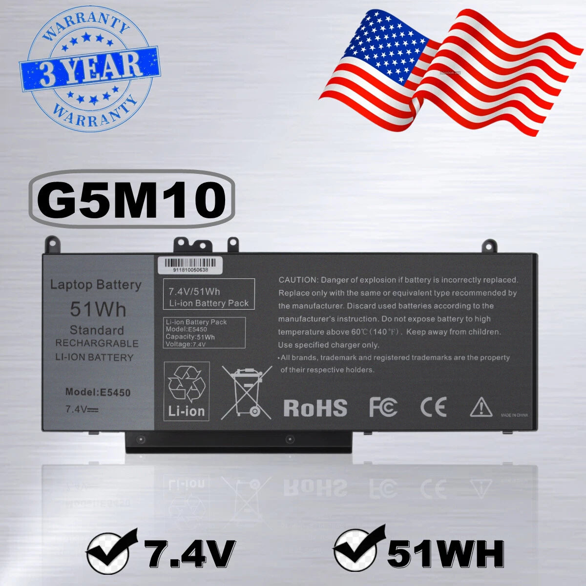 G5M10 Battery for Dell Latitude E5450 E5550 E5250 Notebook 15.6" 8V5GX 51wh 7.4V