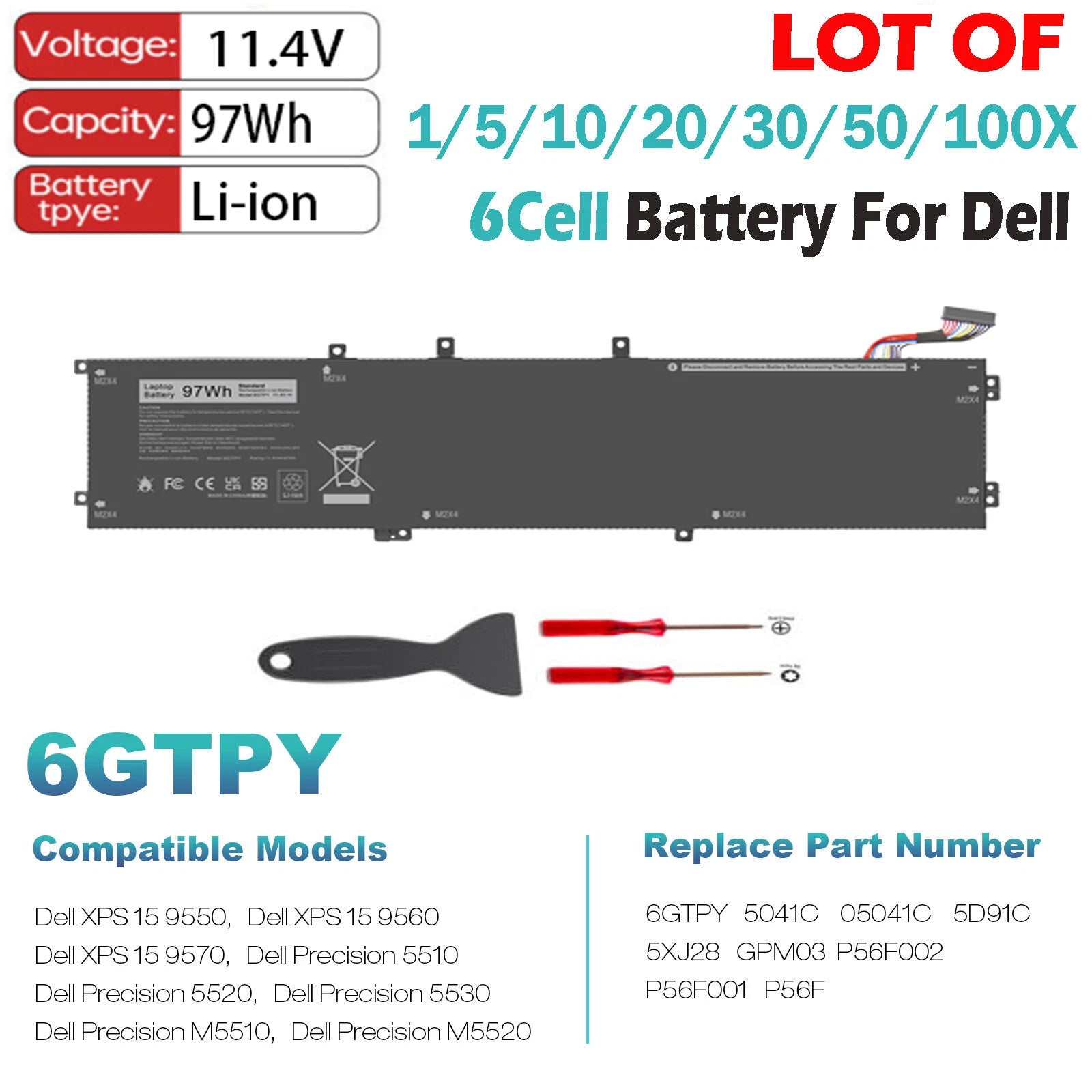 ??LOT OF 6GTPY Battery For Dell XPS 15 9560 2017 9570 Precision 5520 5530 M5530
