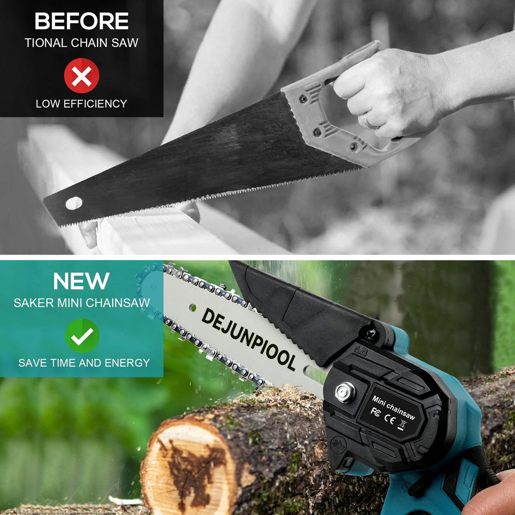 DEJUNPIOOL 6" Mini Handheld Electric Chainsaw Cordless 18V 5.5Ah Battery Power