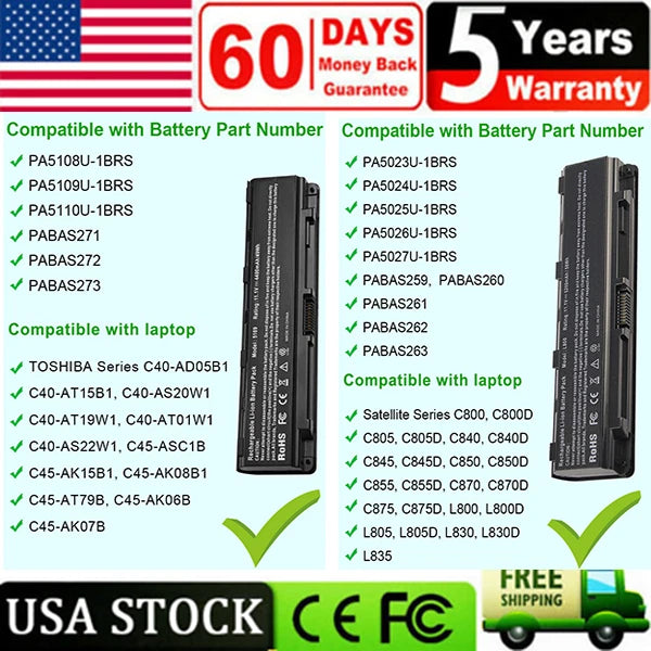 PA5109U-1BRS Battery For Toshiba C850 PA5110U-1BRS PABAS272 PA5024U PABAS271