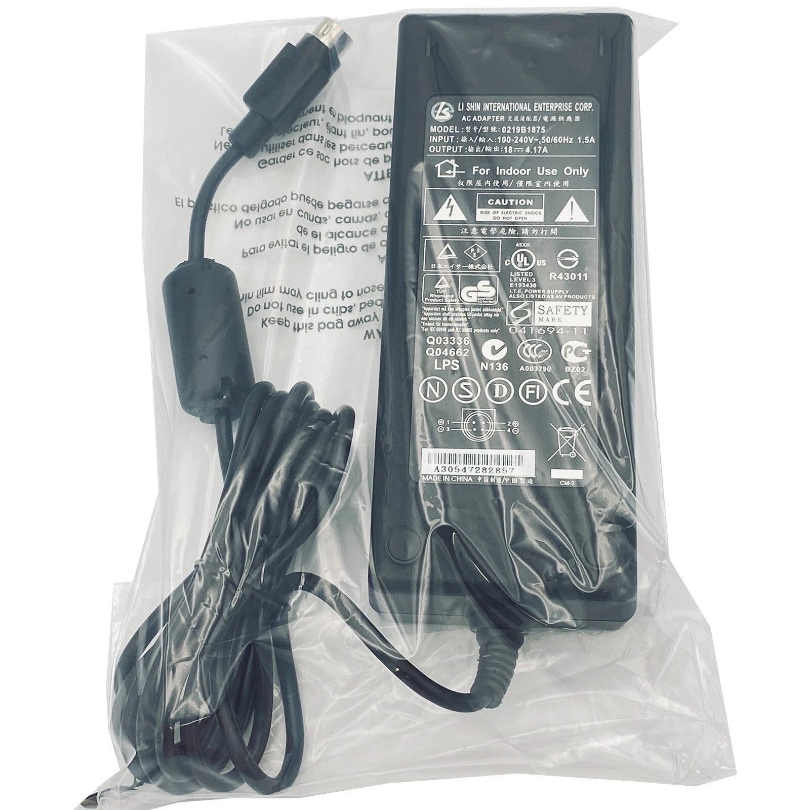 NEW Genuine Li Shin AC Power Adapter 0219B1875 Charger 18V 4.17A 75W 4-Pin Plug