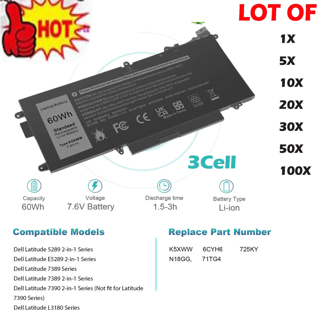 ??LOT K5XWW Battery For Dell Latitude 5289 7389 7390 2in1 71TG4 P29S X49C1 60Wh