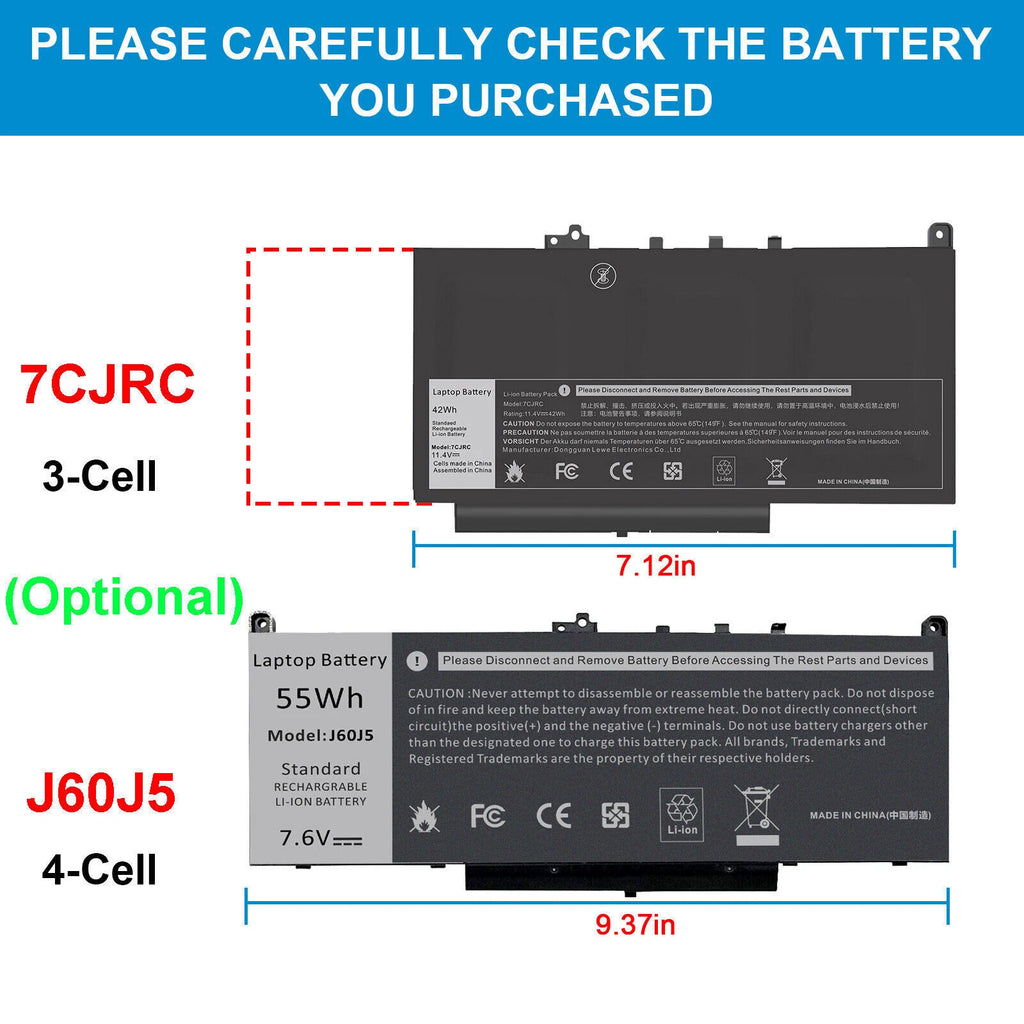 J60J5/7CJRC Battery For Dell Latitude E7270 E7470 7470 7270 MC34Y 242WD 3/4 Cell