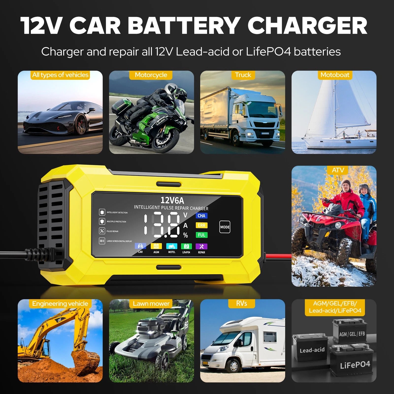12V 6A Car Smart Battery Charger Automatic Trickle Pulse Repair AGM GEL Lifepo4