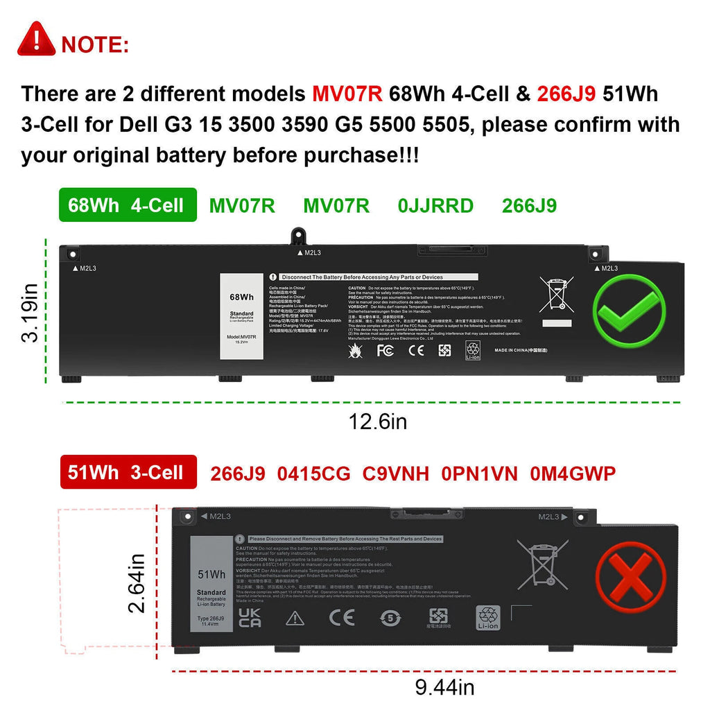 MV07R/266J9 Battery For DELL Inspiron G3 15 3500 3590 G5 15 5500 5505 SE Series