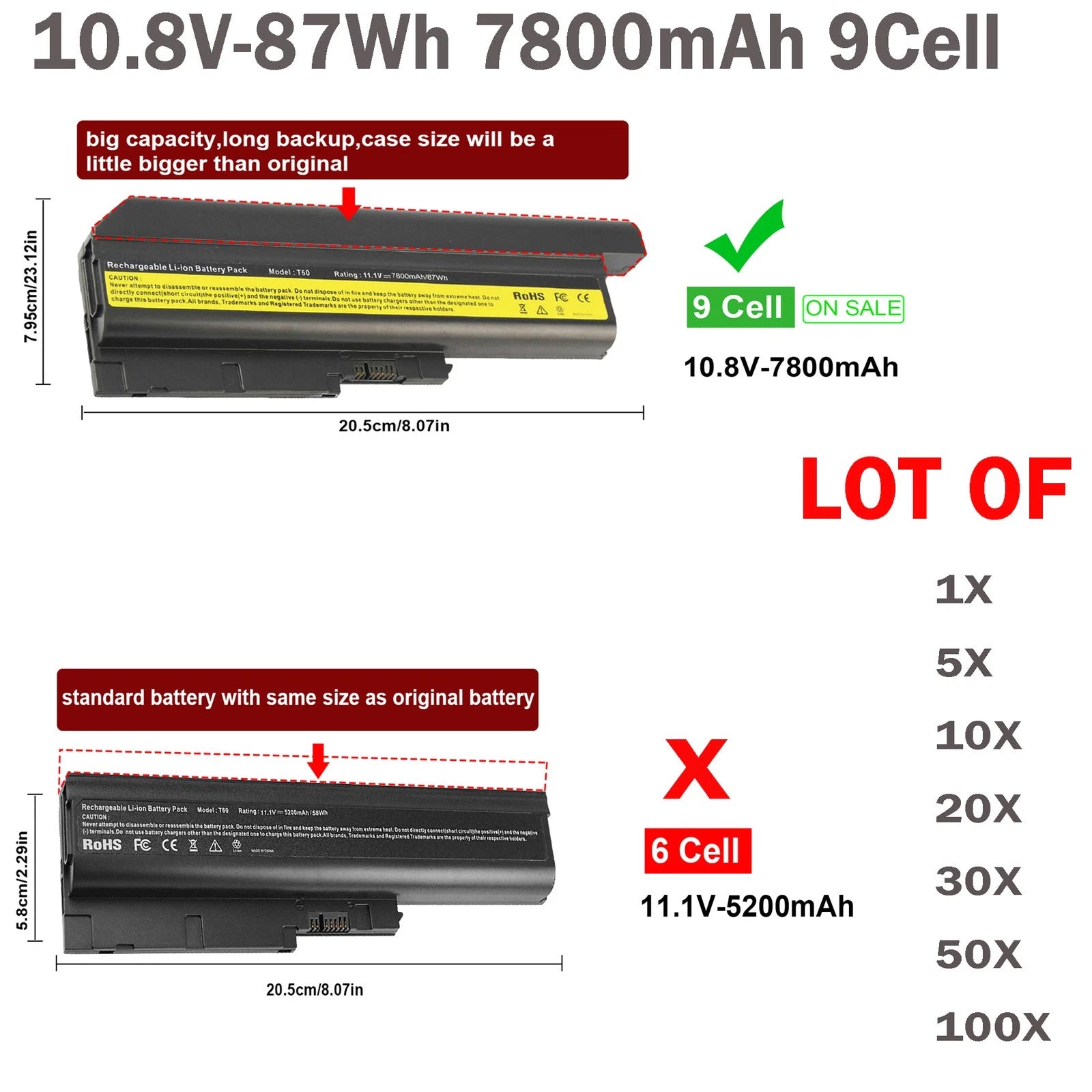 LOT T60 Battery For IBM Lenovo Thinkpad T61 T61p R61 R500 R61i R61e T500 7800mAh