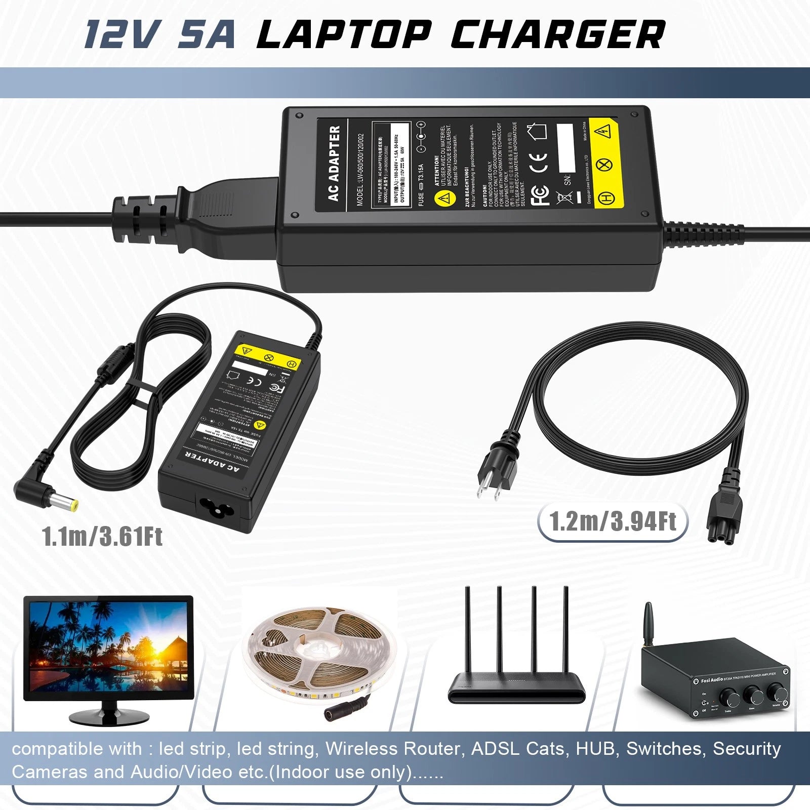 12V 5A AC DC Power Supply 5 Amp 12 Volt Adapter Charger LCD Screen 5.5mm * 2.5mm