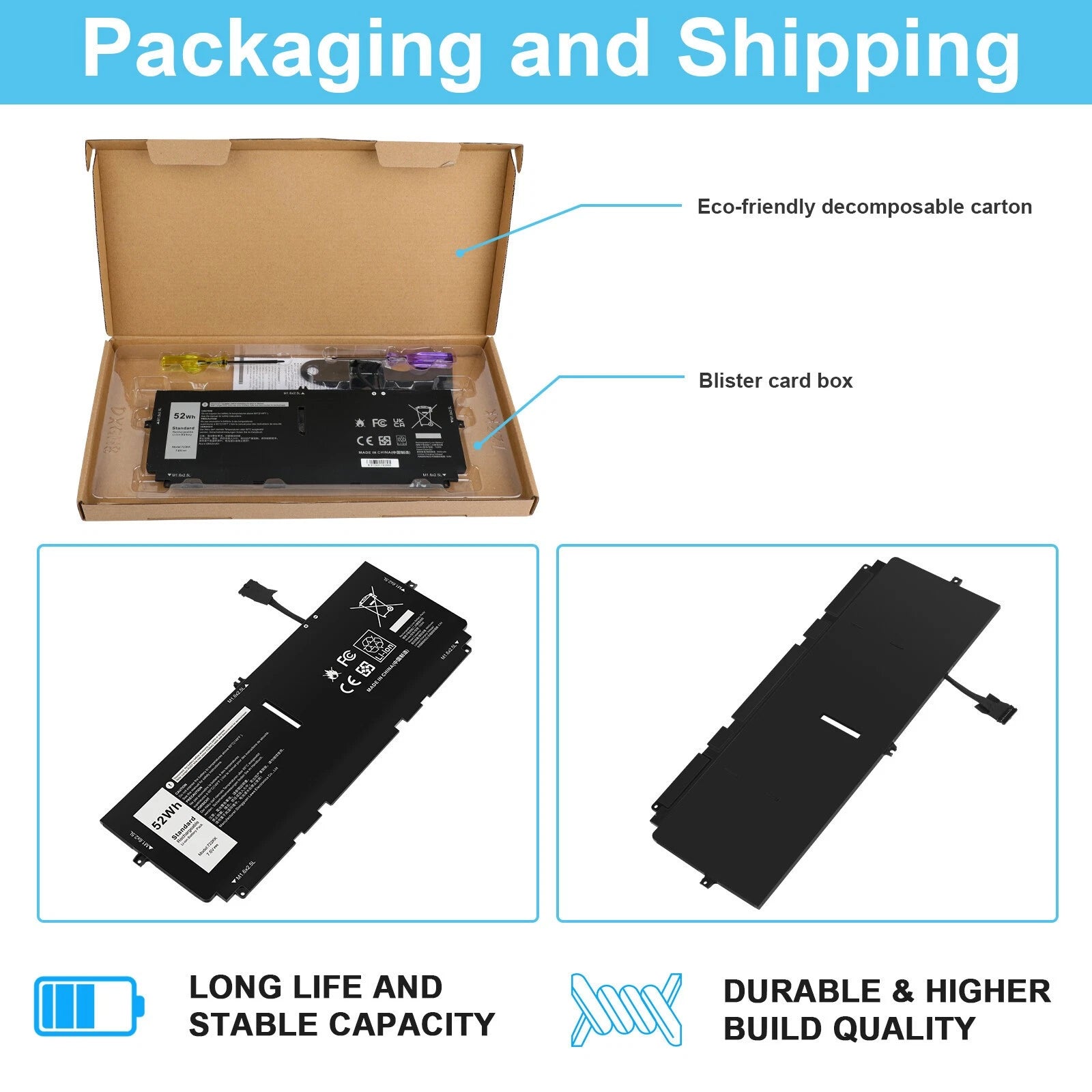 Battery 722KK For Dell XPS 13 9300 9310 9380 2XXFW FP86V 0FP86V 02XXFW 7.6V 52Wh