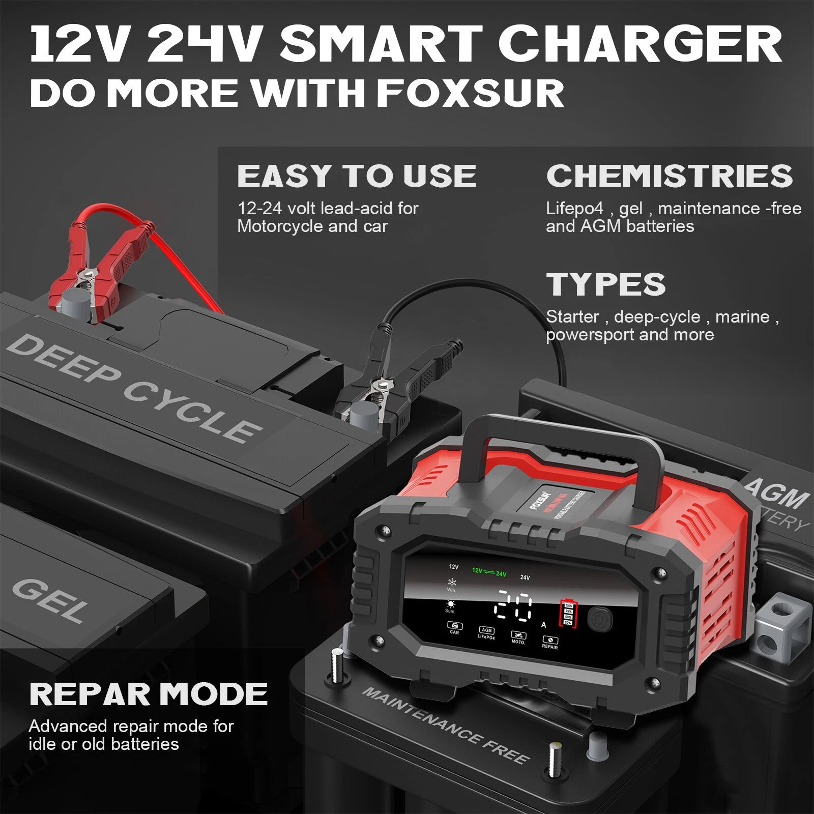 20A 12V 24V 10A Smart Car Battery Charger LiFePO4 Maintainer Trickle Charger US