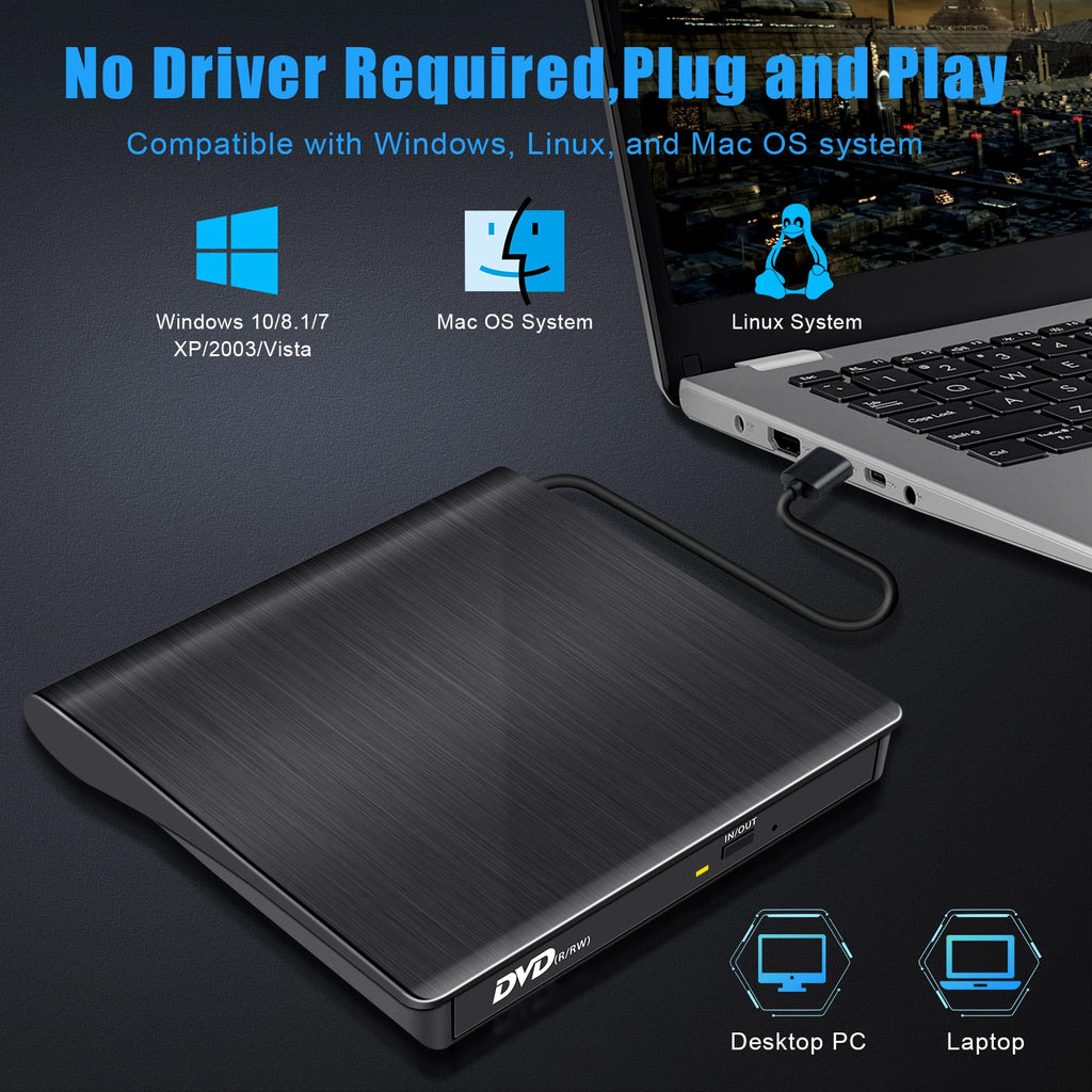 USB 3.0 External Optical Drive CD/DVD-ROM +/-RW Laptop Player Slim Burner Reader