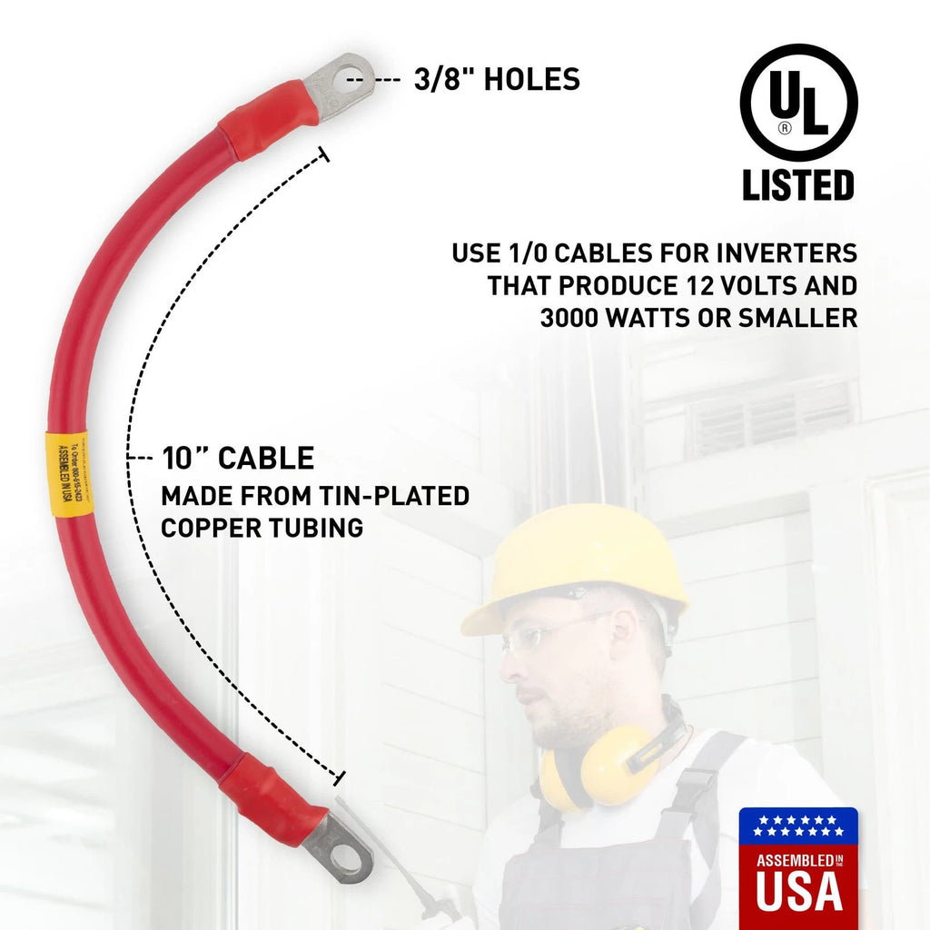 1/0 Red Battery Interconnect Cable 10" with 3/8" Lugs ASSEMBLED IN USA