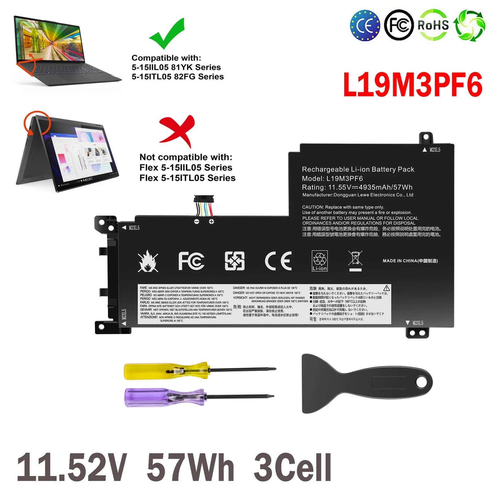 For Lenovo Ideapad 5-15ARE05 81YQ Series L19M3PF6 L19L3PF2 L19C3PF5 Battery 57WH