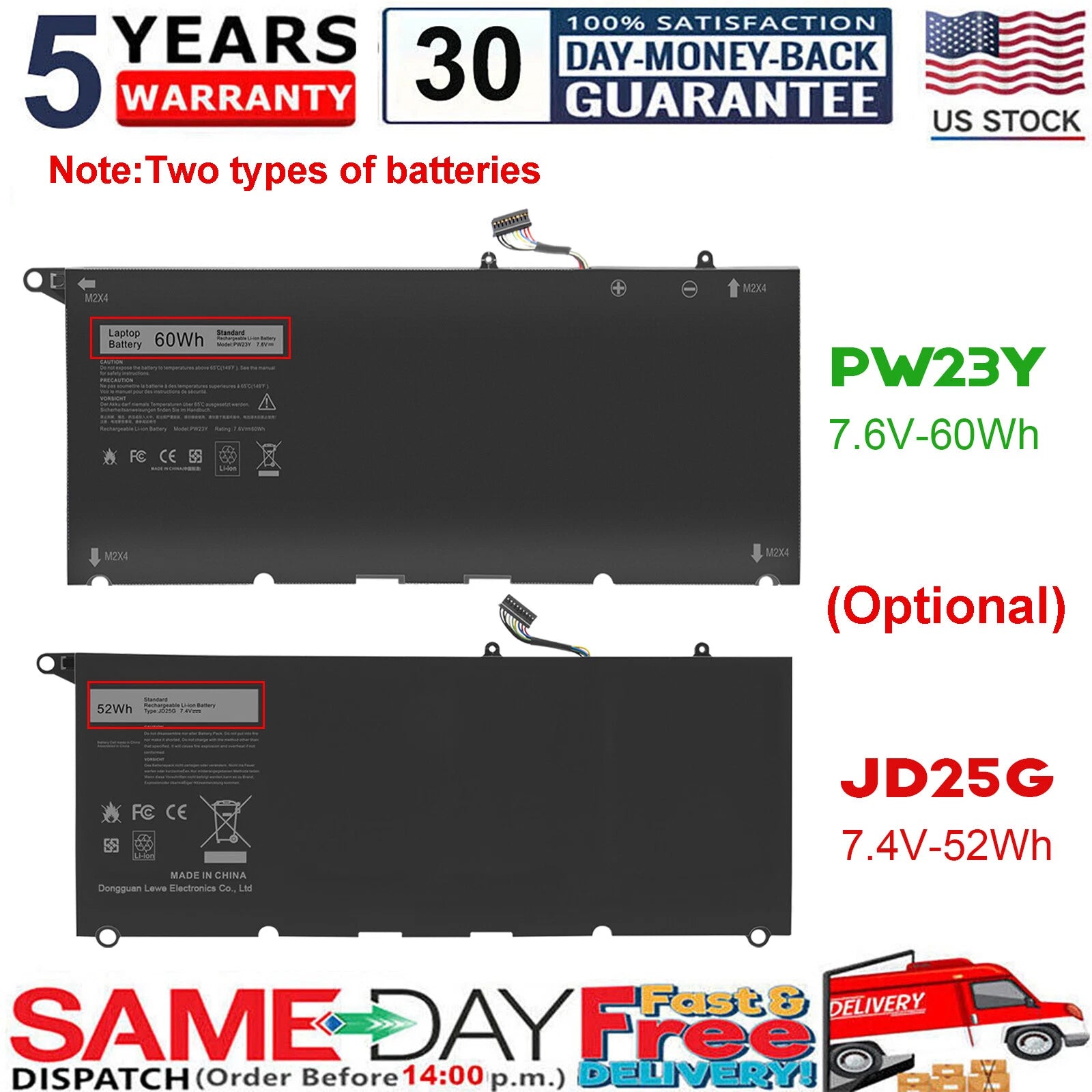 JD25G PW23Y Battery For Dell XPS 13 9343 9350 9360 P54G P54G001 P54G002 Laptop