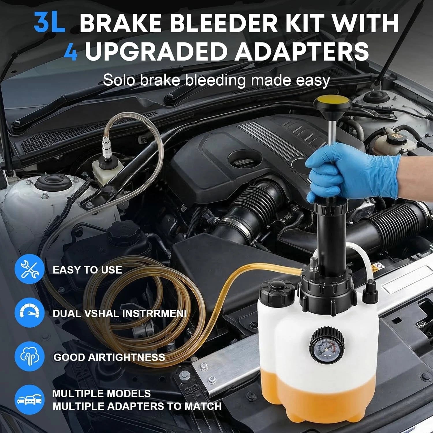 3L Brake Bleeder Kit Manual Fluid Pump with 4 Master Cylinder Adapters 1L Bottle