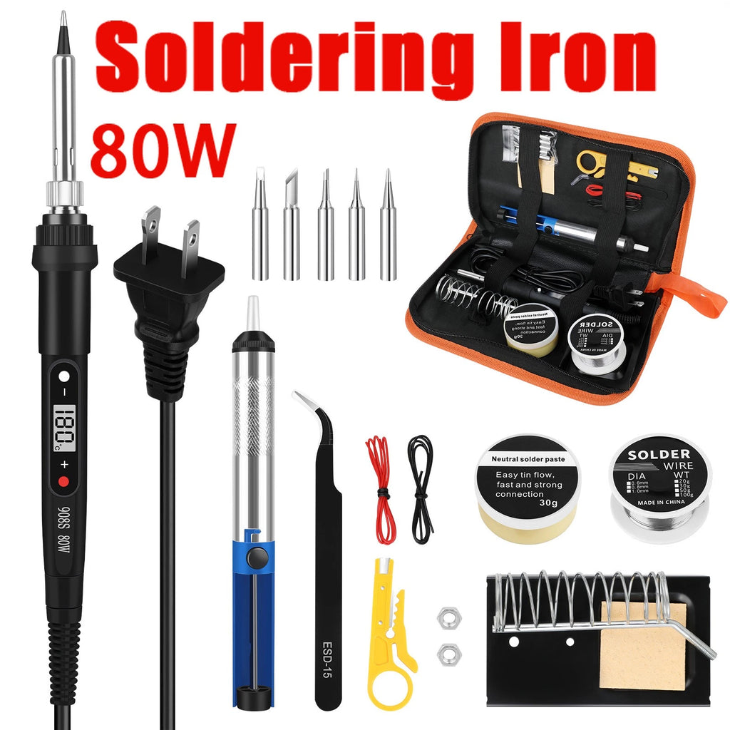 80W Soldering Iron Kit Electric Welding Tool Solder Tips Adjustable Temperature