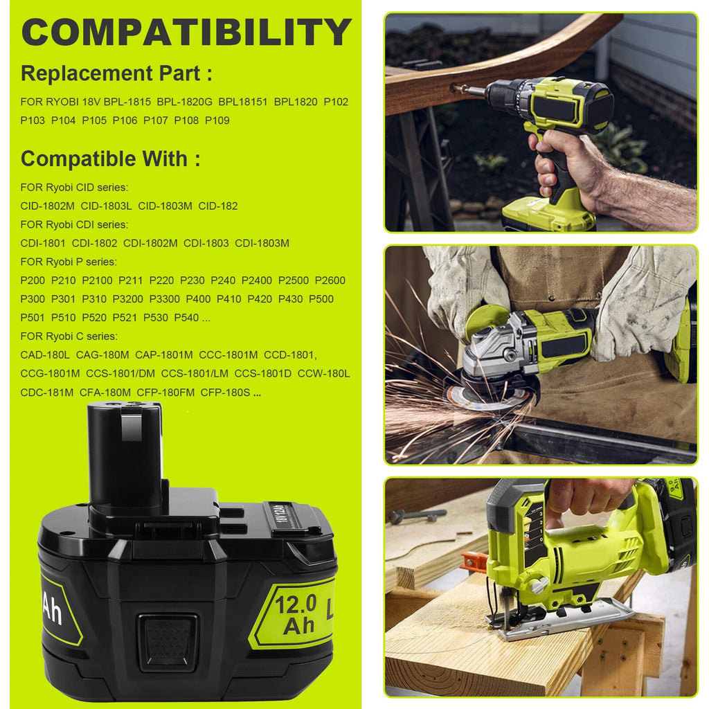12Ah For RYOBI 18V Battery P108 High Capacity 18Volt Lithium-Ion P102 P104 P109