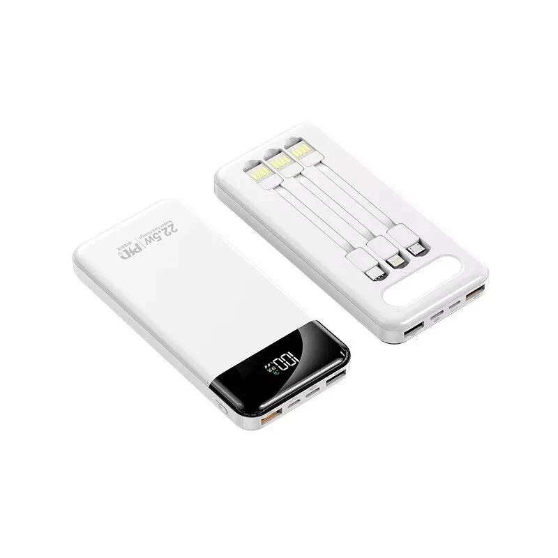 Portable Power Bank 10000mAh Fast Charging Battery with 3 Built in Cable BLK/WHT