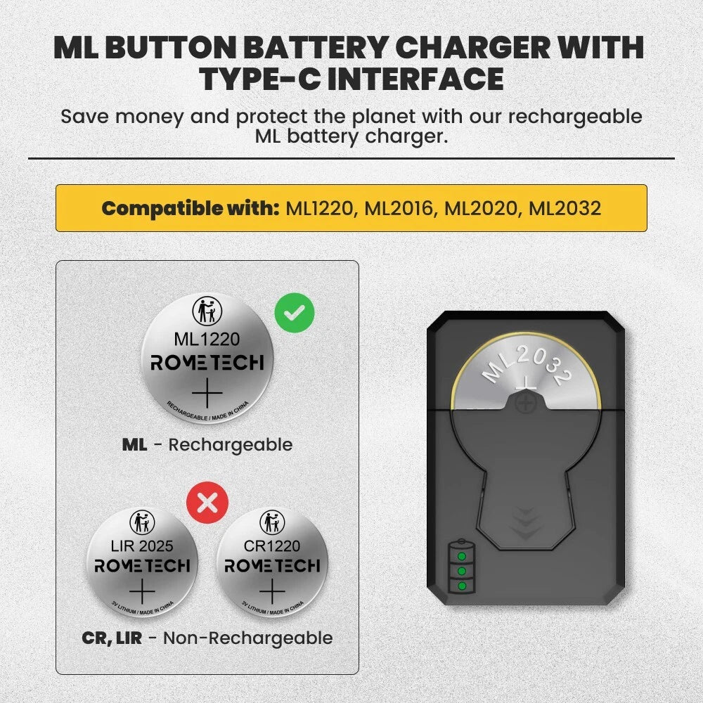 For Coin Cells Battery ML1220 ML2016 ML2020 ML2032 USB C Battery Charger