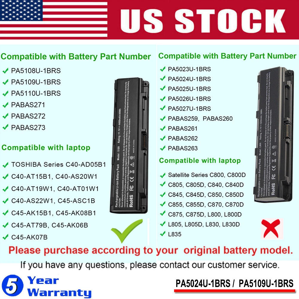 PA5024U-1BRS PA5109U-1BRS Battery for Toshiba C50-A C50D-A C70-A C850 PA5023U-1B