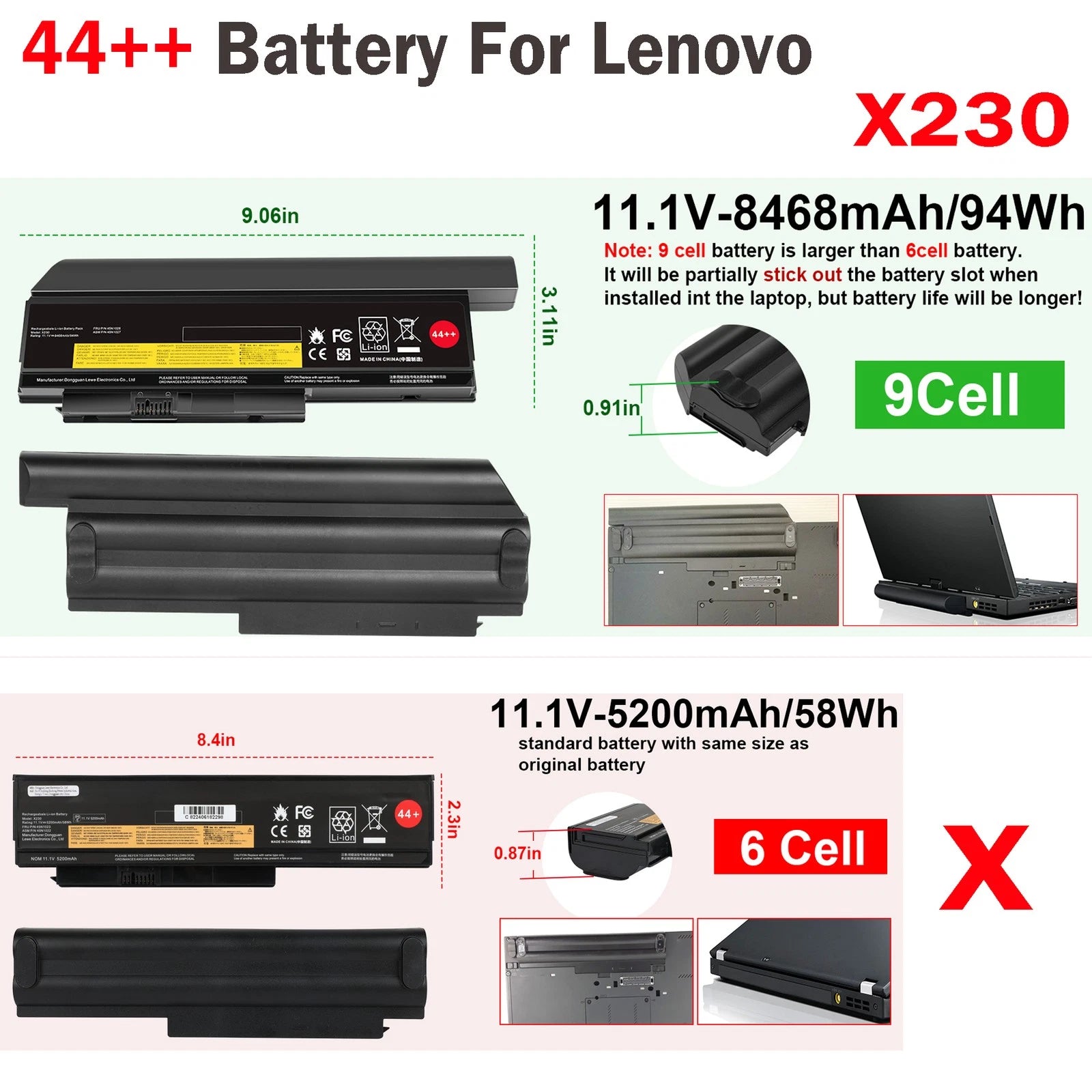 44++ Battery X230 For IBM Lenovo ThinkPad X220 X220i X230i 45N1025 0A36306 94WH