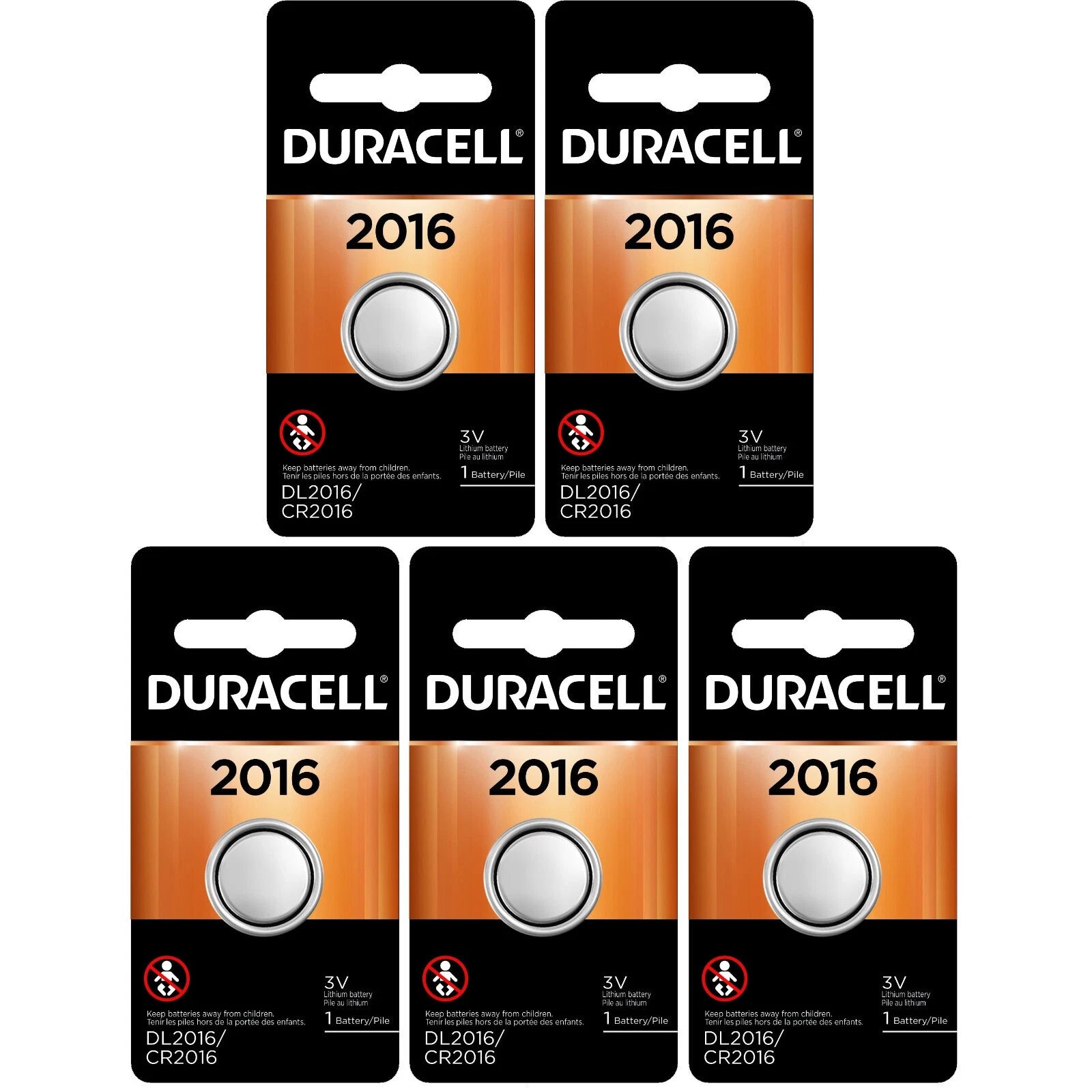 5 2016 Duracell Coin Cell Batteries - Lithium 3V - (CR2016, ECR2016, DL2016)