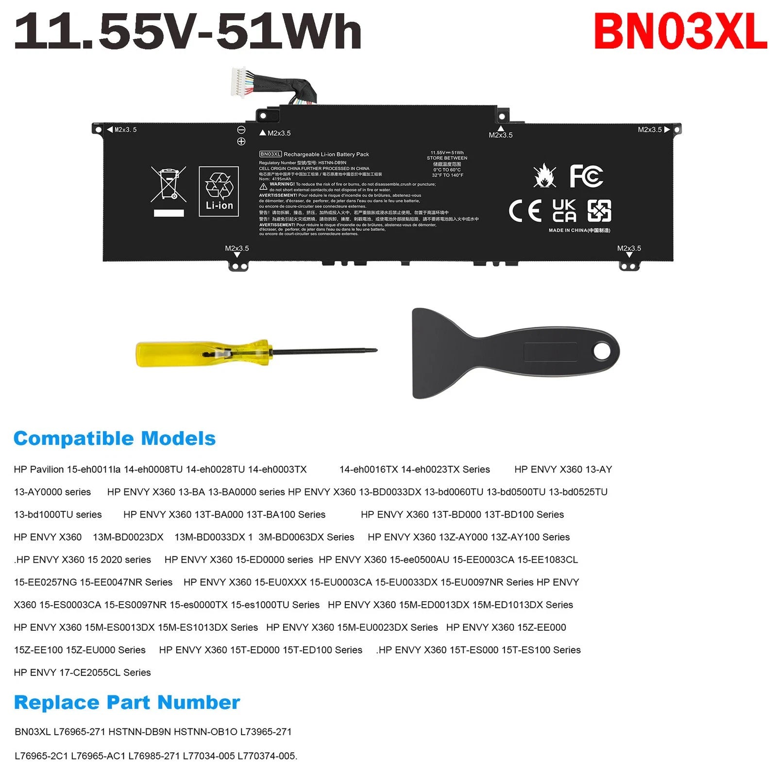 Battery BN03XL For HP Envy x360 15m-ee013dx HSTNN-OB1O L76965-AC1 L77034-005 51W