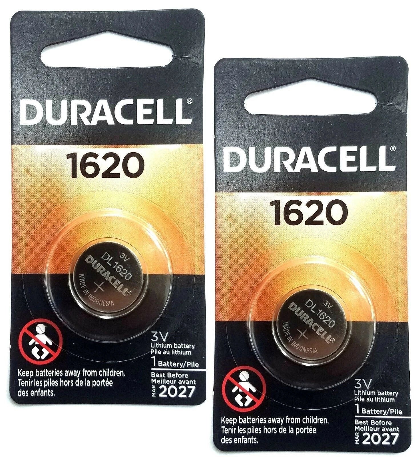 2 x Duracell Lithium CR1620 3V Coin Cell batteries DL1620 ERC1620 KRC EXP:2027