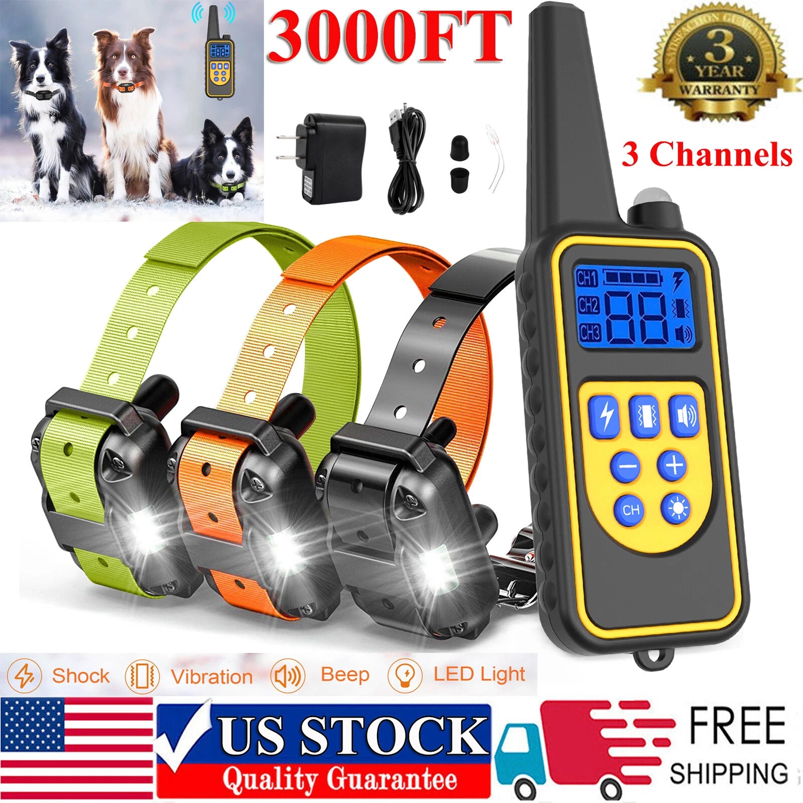 3000 FT Dog Training US Collar Rechargeable Remote Shock PET Waterproof Trainer